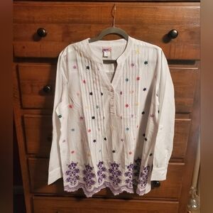 American Sweetheart Long Sleeve Half Button  Embroidered Tunic Blouse Size L